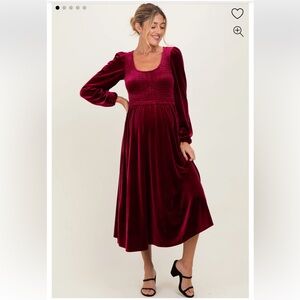 Burgundy Velvet Smocked Long Sleeve Maternity Midi Dress